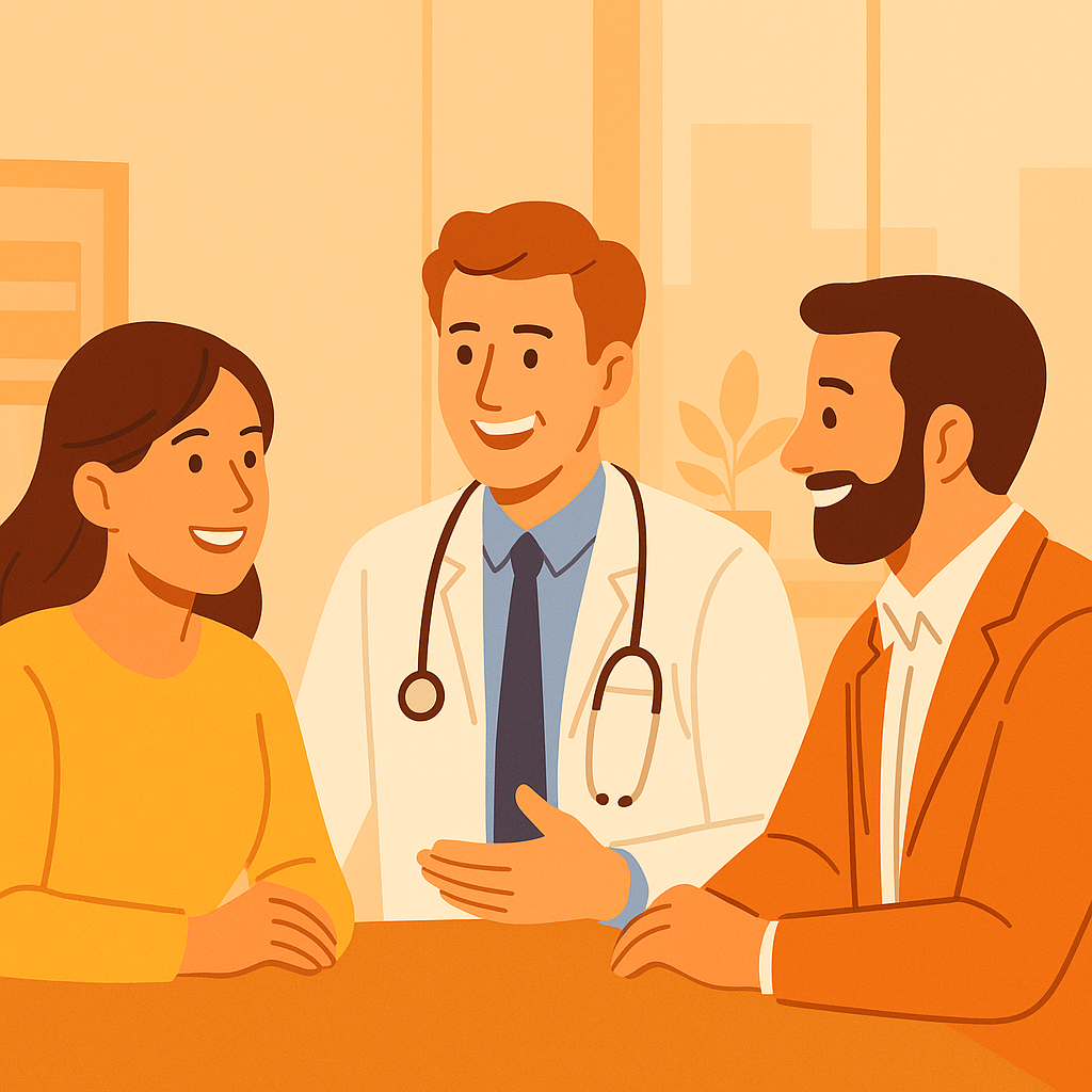 Illustratie van dokter en medewerkers in gesprek
